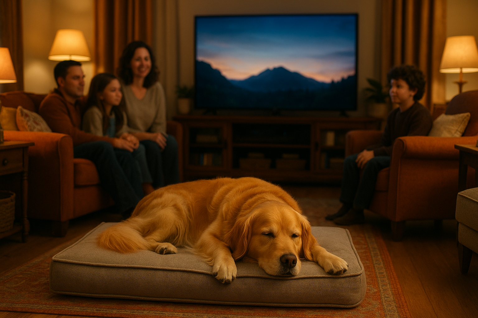 golden retriever lying down in vibrant livingroom in cozy dog bed with his family surrounding him watching a movie on television